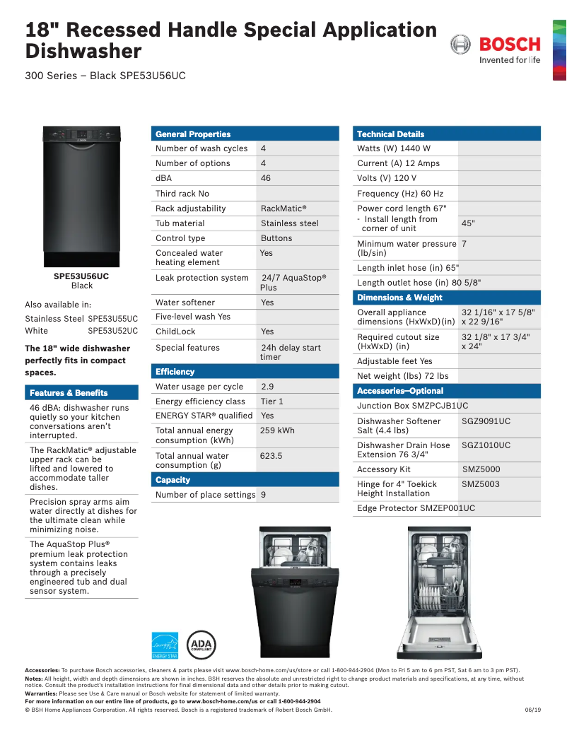 Page n°1 - Fiche technique Bosch SPE53U56UC