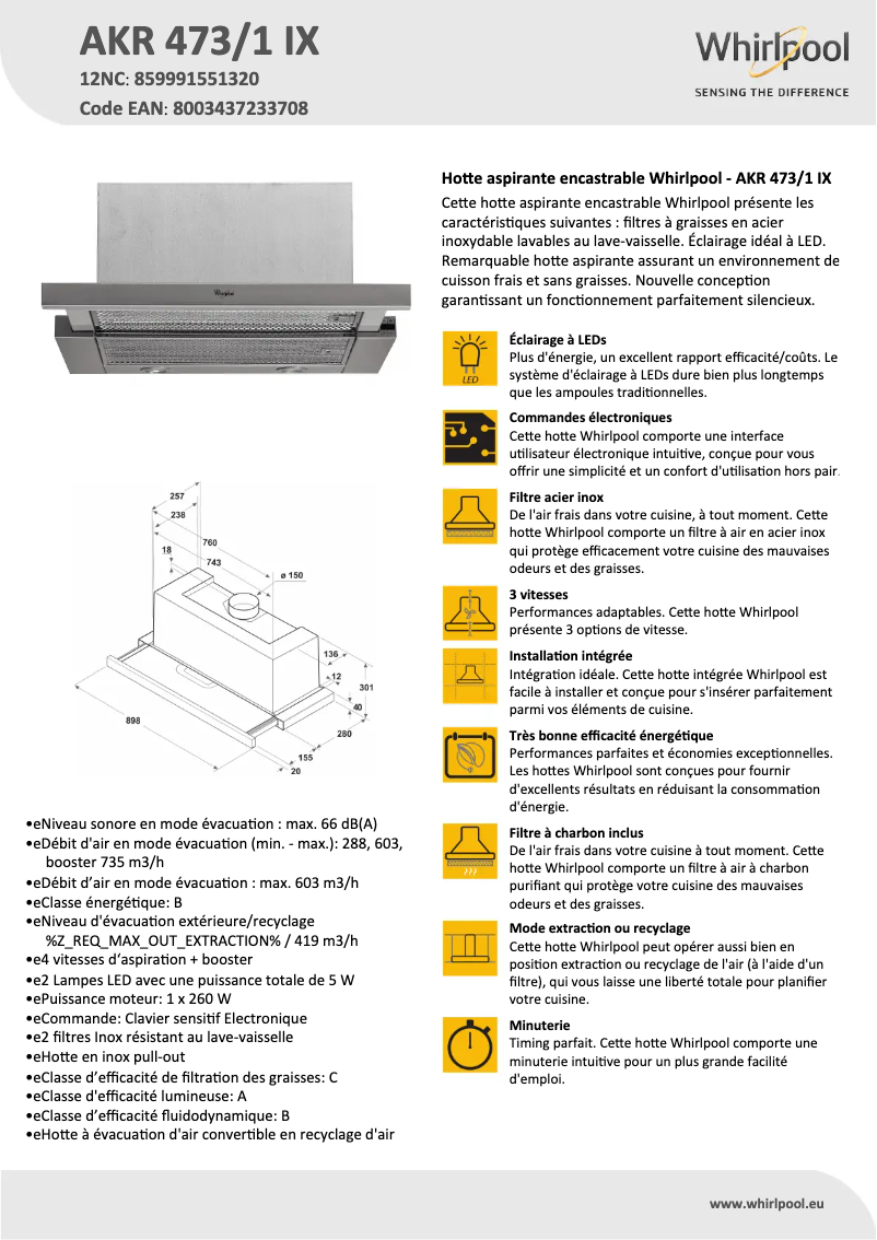 Page 1 de la notice Fiche technique Whirlpool AKR 473/1 IX