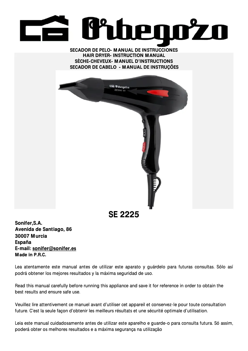 Page 1 of the manual User Manual Orbegozo SE 2225