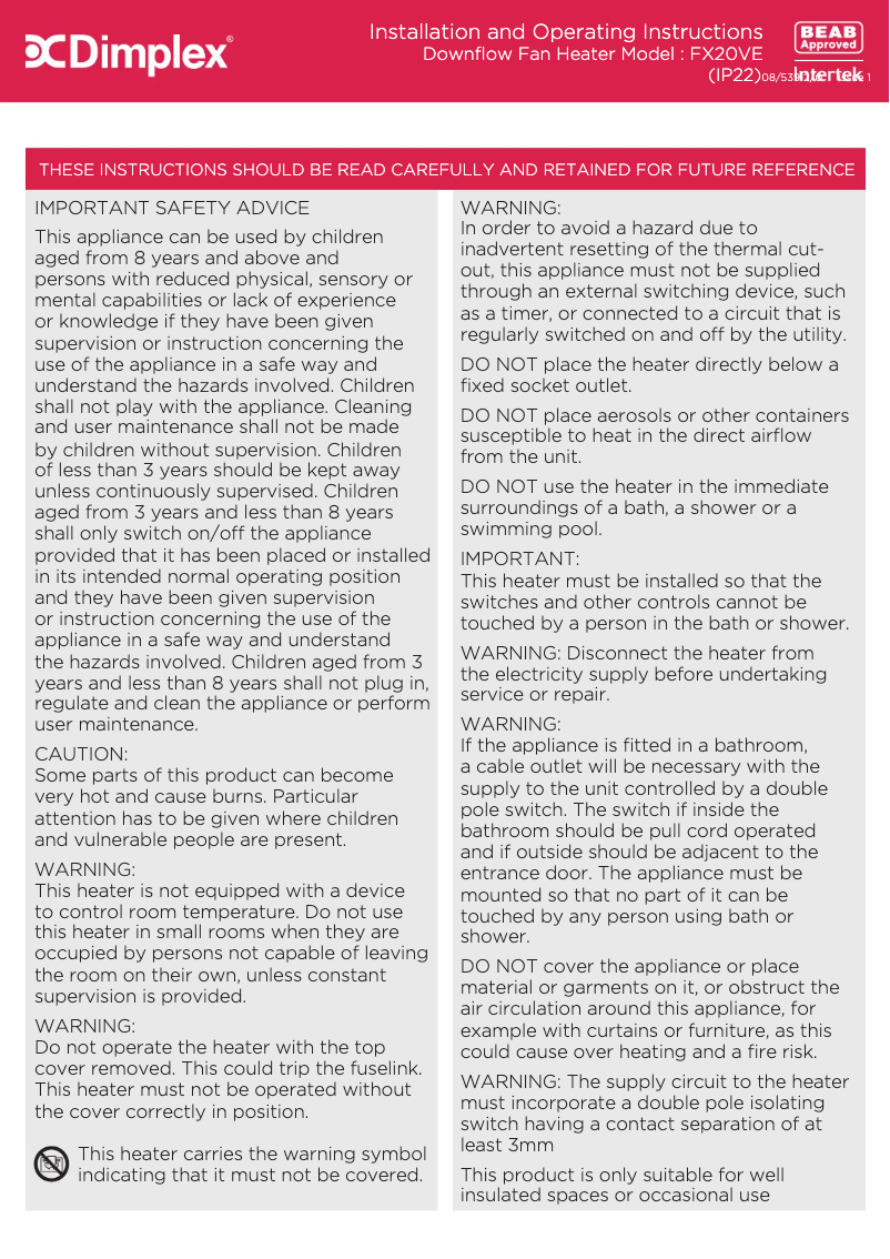 Page 1 de la notice Manuel utilisateur Dimplex FX20VE