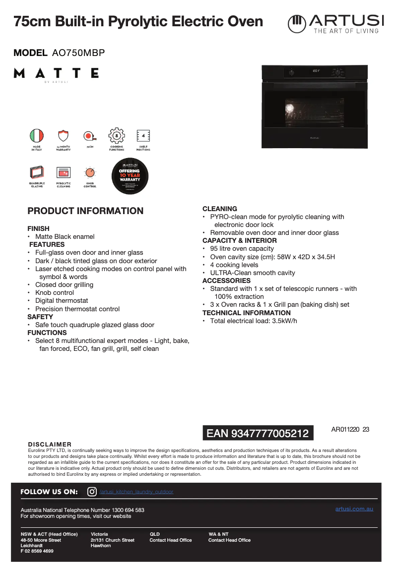 Page n°1 - Fiche technique Artusi AO750MBP