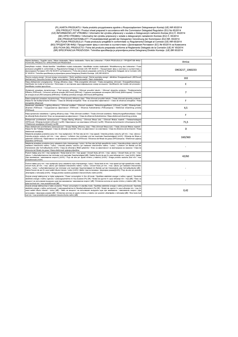 Page n°1 - Fiche technique Amica OKC621T