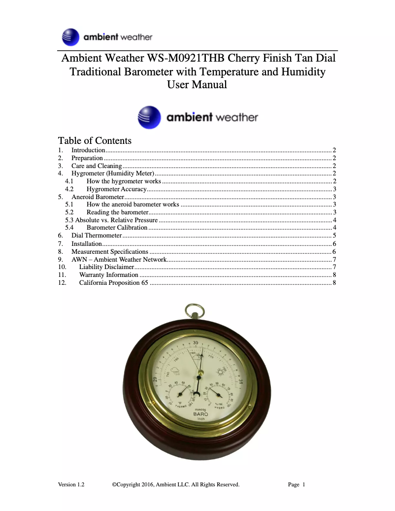 Page 1 de la notice Manuel utilisateur Ambient Weather WS-M0921THB