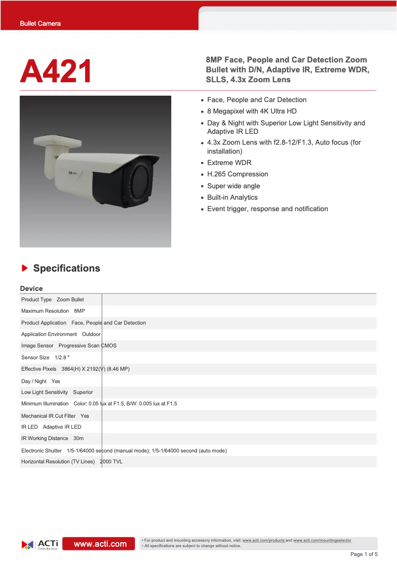 Page n°1 - Fiche technique ACTi A421