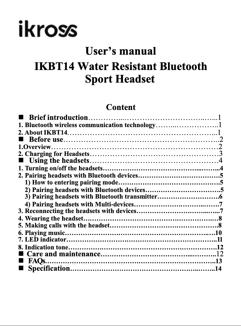Page n°1 - Manuel utilisateur iKross IKBT14