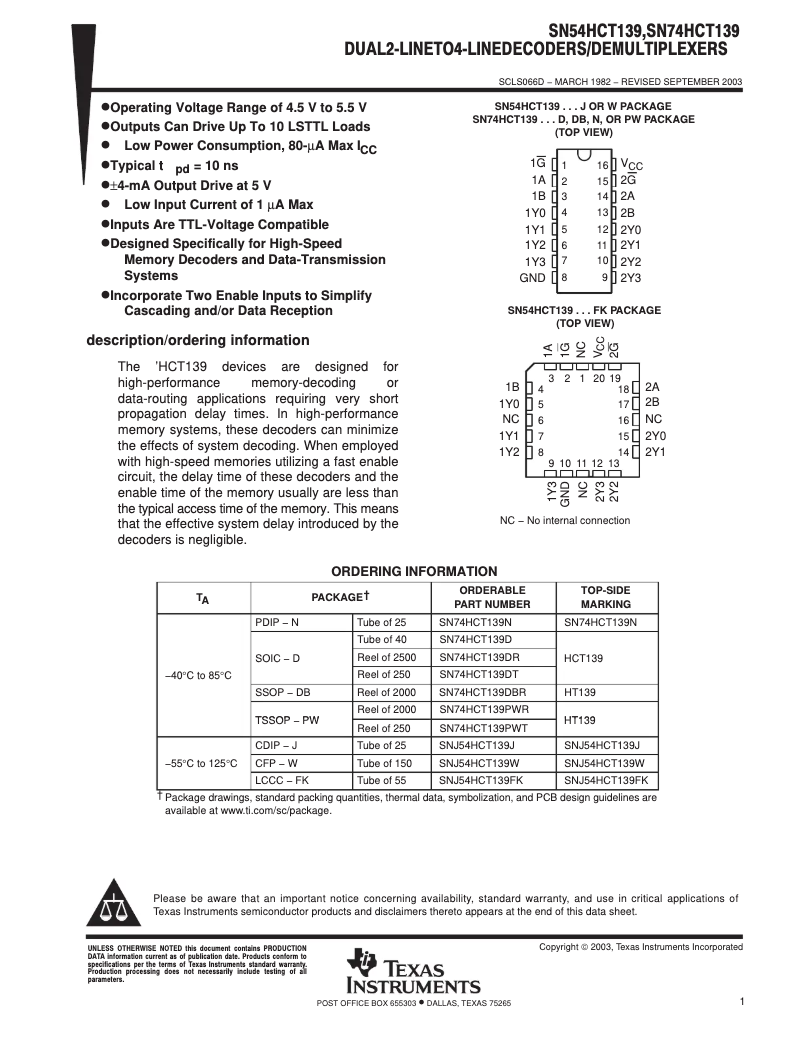 Page 1 de la notice Manuel utilisateur Texas Instruments SN74HCT139N