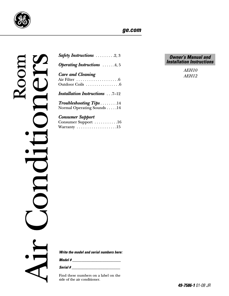 Page 1 de la notice Manuel d'utilisation et d'entretien GE AEH10AL