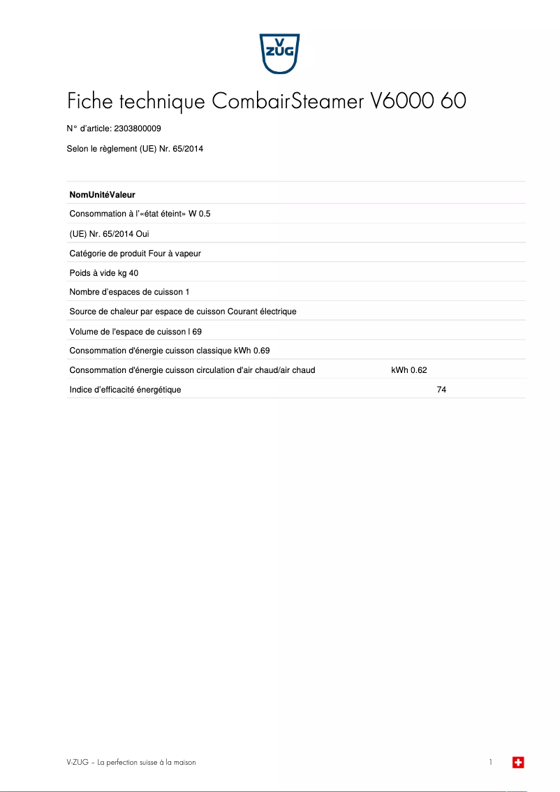 Page 1 de la notice Fiche technique V-Zug CombairSteamer V6000 60