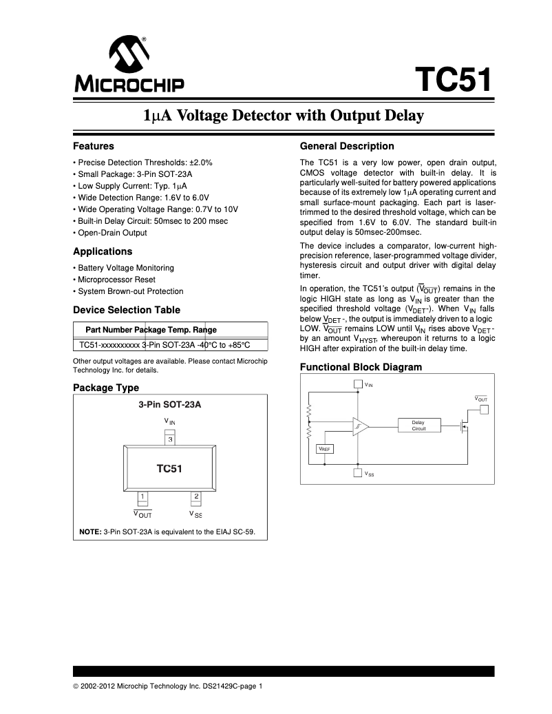 Page 1 de la notice Fiche technique Microchip TC51