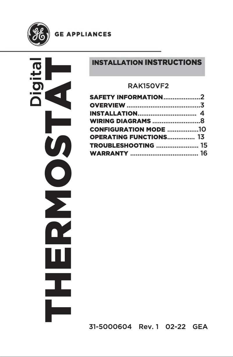 Page n°1 - Manuel utilisateur GE RAK150VF2