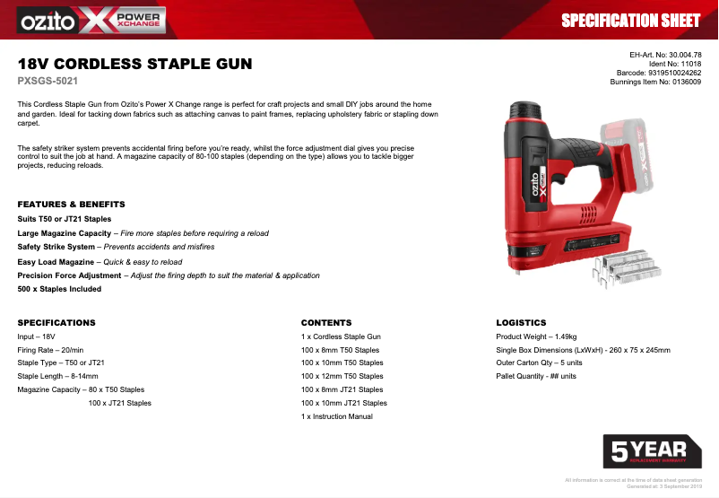 Page n°1 - Fiche technique Ozito PXSGS-5021