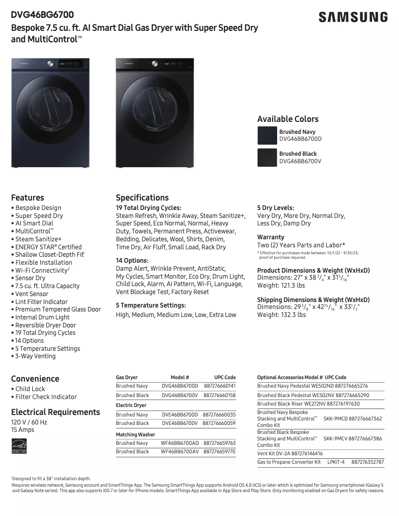 Página 1 del manual Ficha técnica Samsung DVG46BB6700V