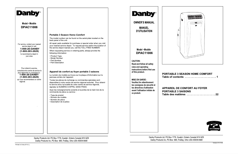 Page 1 de la notice Manuel utilisateur Danby DPAC11006