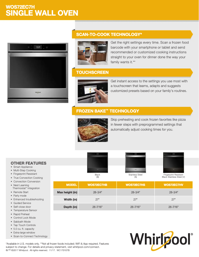 Page 1 of the manual Technical Sheet Whirlpool WOS72EC7HS
