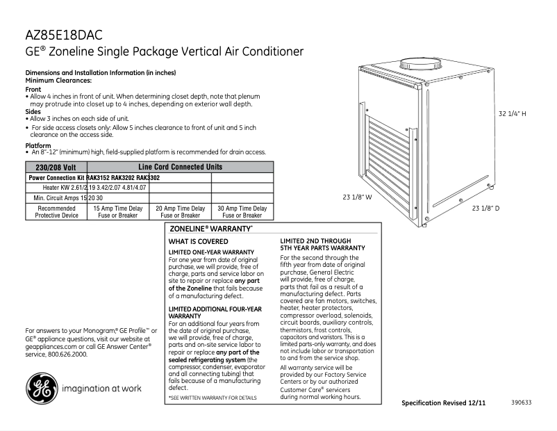 Page n°1 - Fiche technique GE AZ85E18DAC Zoneline