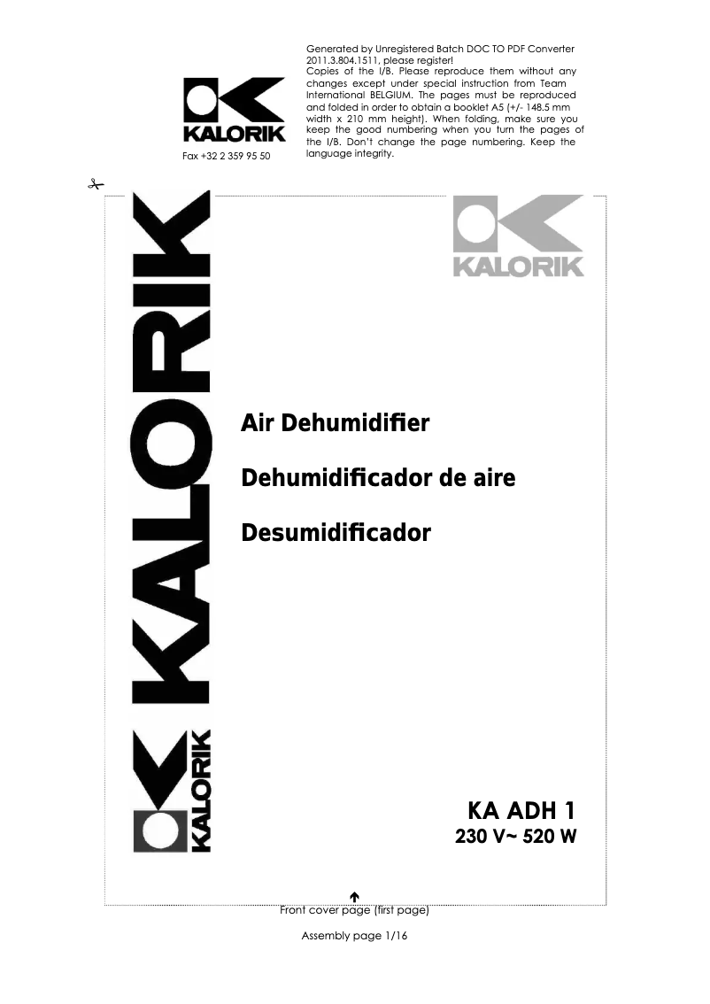 Page 1 de la notice Manuel utilisateur Kalorik KA ADH 1