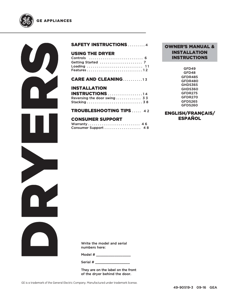 Page n°1 - Mode d'emploi GE GFD48GSPKDG