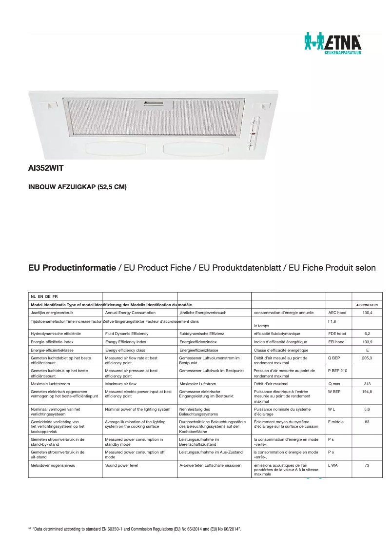 Page 1 de la notice Fiche technique Etna AI352WIT
