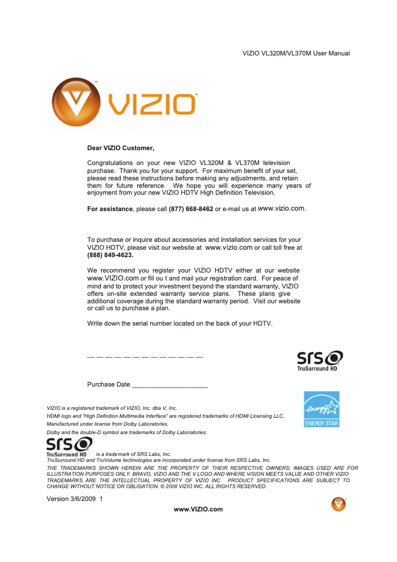 Page n°1 - Manuel utilisateur VIZIO VL370M