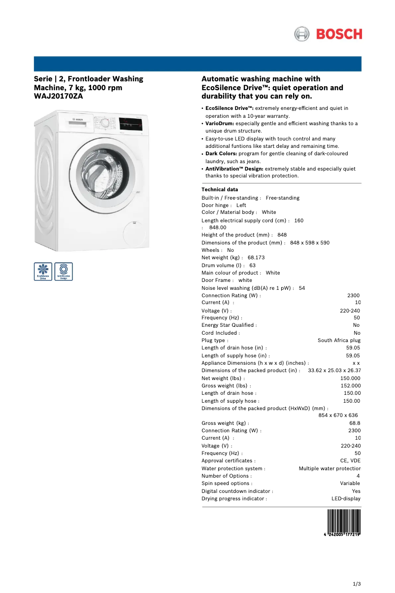 Page 1 de la notice Fiche technique Bosch WAJ20170ZA
