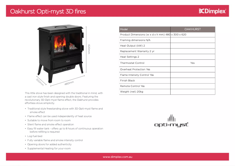 Page 1 de la notice Fiche technique Dimplex Oakhurst