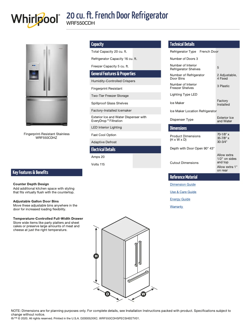 Page 1 of the manual Technical Sheet Whirlpool WRF550CDHZ