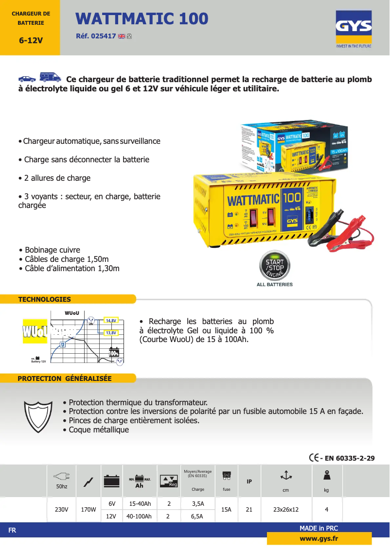 Page 1 de la notice Fiche technique GYS Wattmatic 100