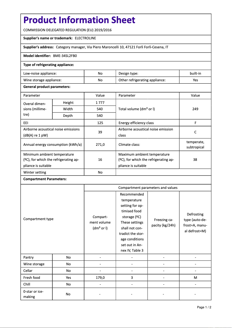 Página 1 del manual Manual de usuario Electroline BME-34SL2FB0
