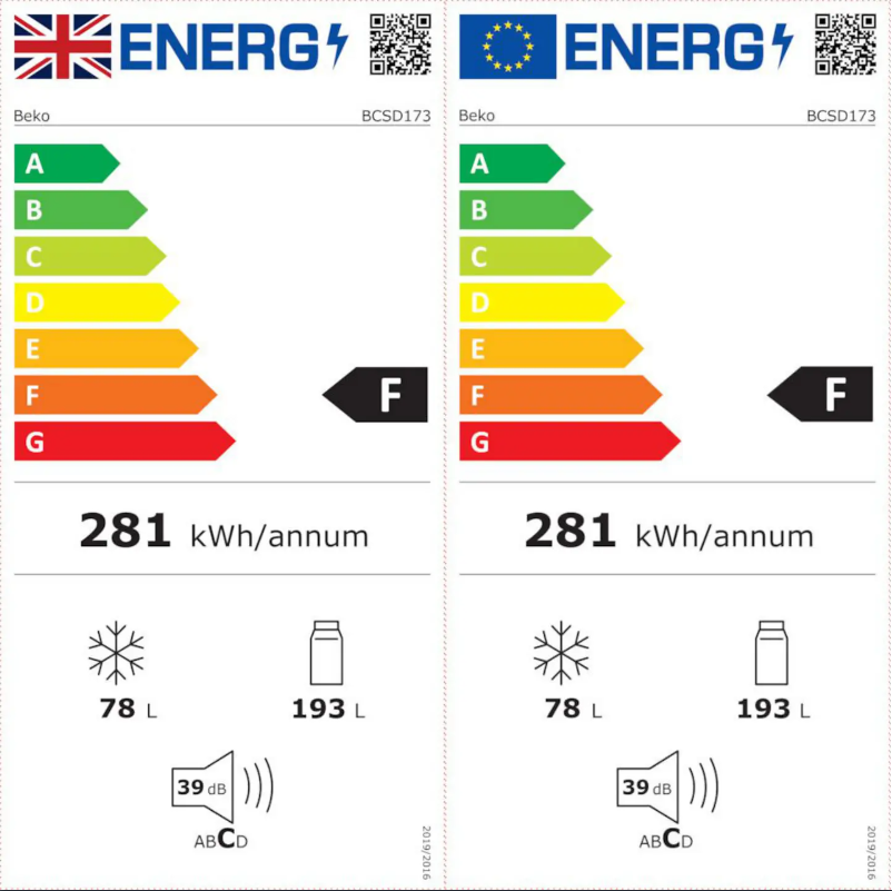Page 1 de la notice Label énergétique Beko BCSD173