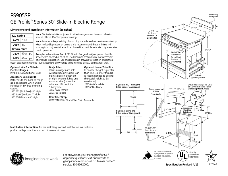 Page 1 de la notice Fiche technique GE Profile PS905SPSS