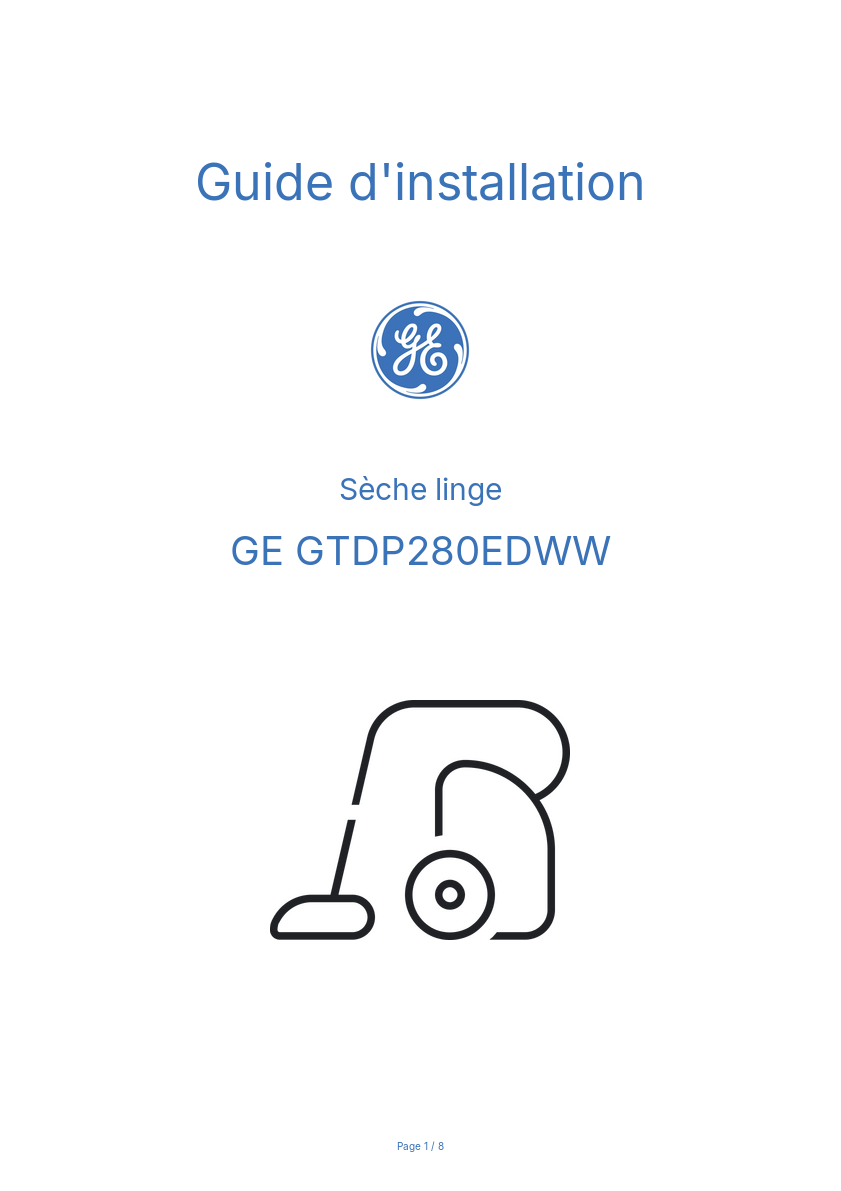 Page n°1 - Guide d'installation GE GTDP280EDWW