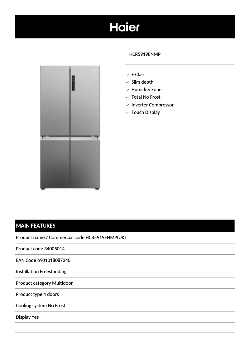 Page n°1 - Fiche technique Haier HCR5919ENMP