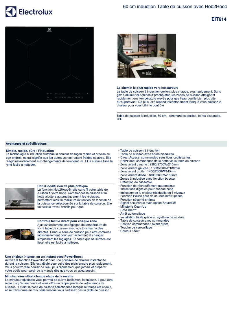 Page 1 de la notice Fiche technique Electrolux EIT614