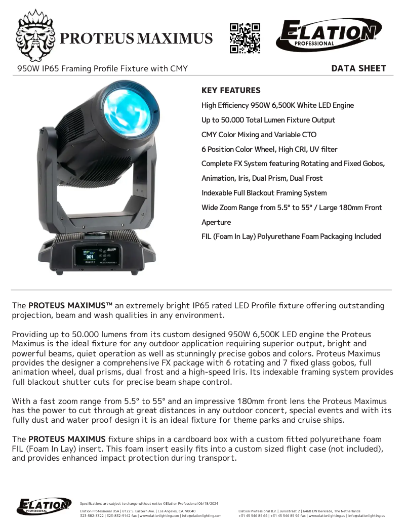 Page 1 de la notice Fiche technique Elation Proteus Maximus