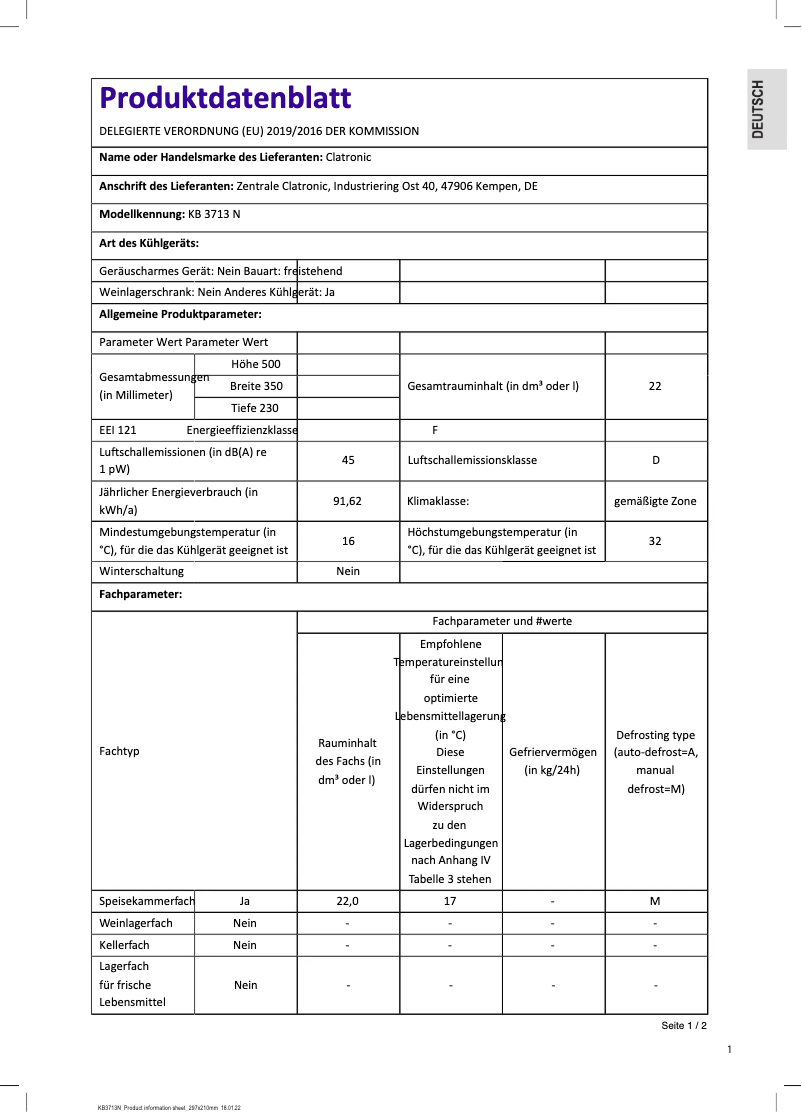Page 1 de la notice Fiche technique Clatronic KB 3713 N
