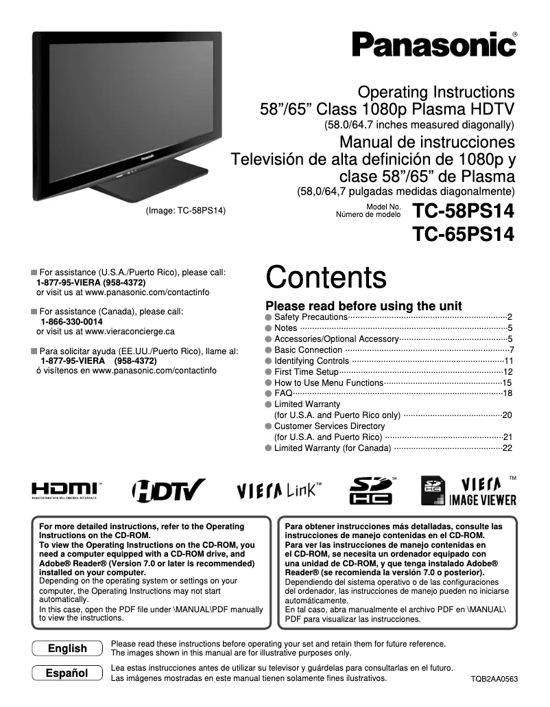 Page 1 de la notice Manuel utilisateur Panasonic Viera TC-58PS14