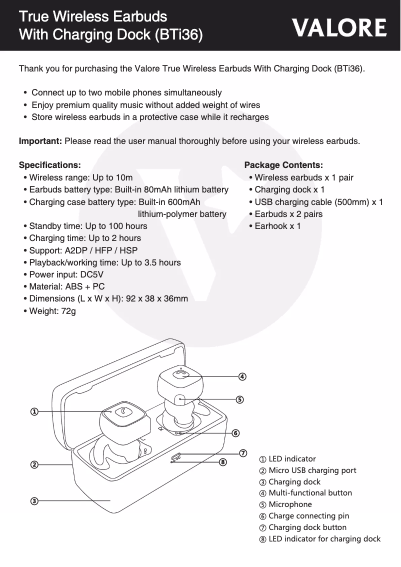 Page 1 de la notice Manuel utilisateur Valore BTi36