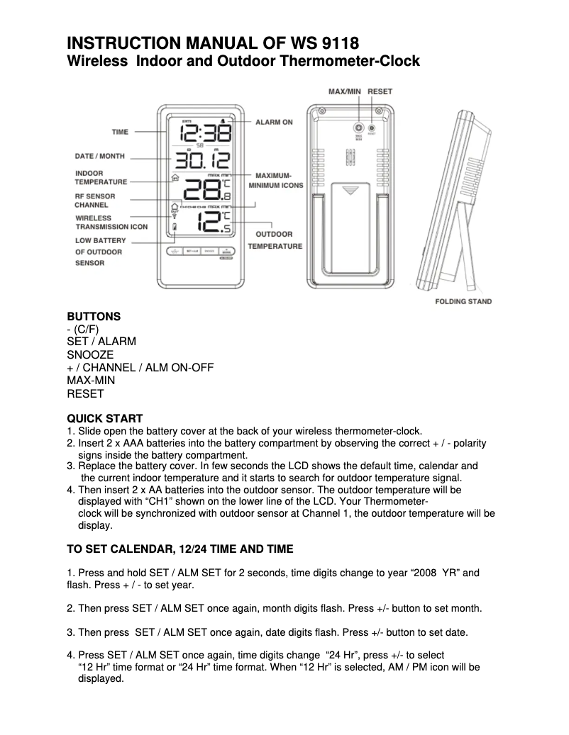 Page 1 de la notice Manuel utilisateur Techno Line WS 9118