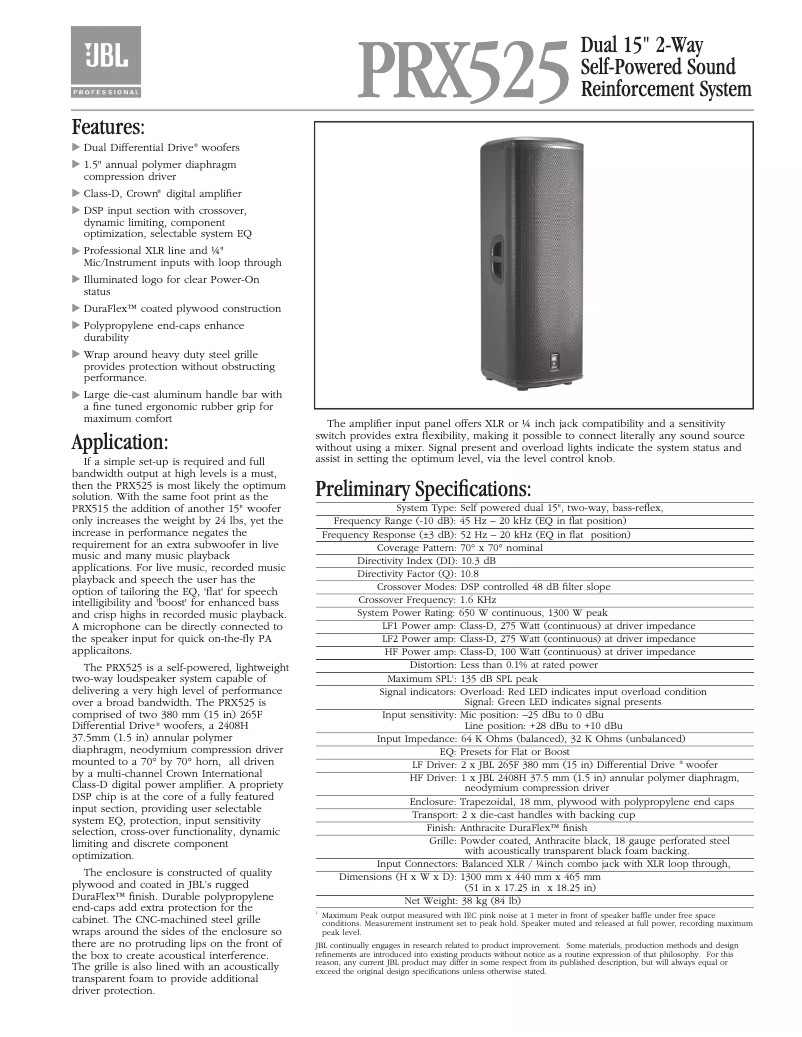 Page n°1 - Fiche technique JBL PRX525
