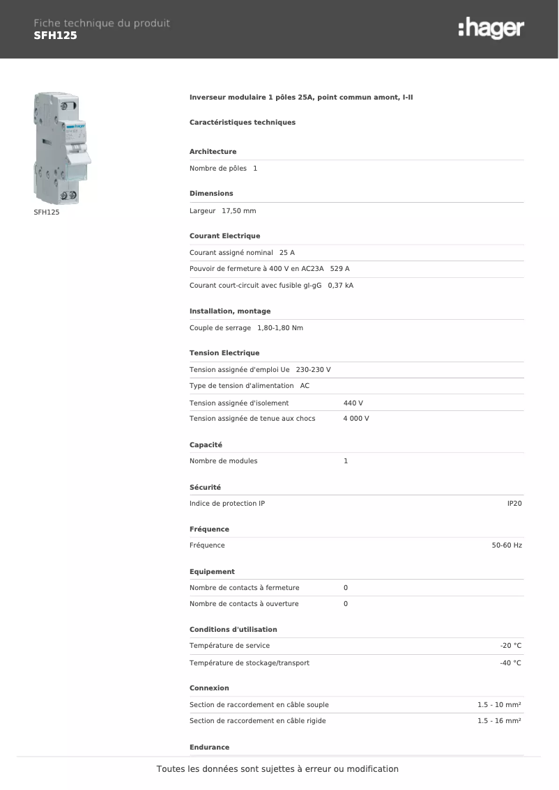 Page n°1 - Fiche technique Hager SFH125