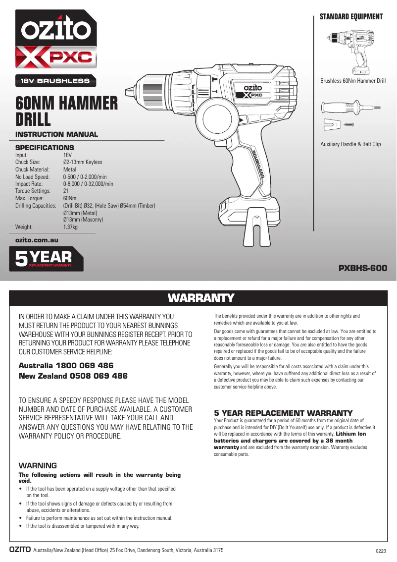 Page 1 de la notice Manuel utilisateur Ozito PXBHDK-6040E