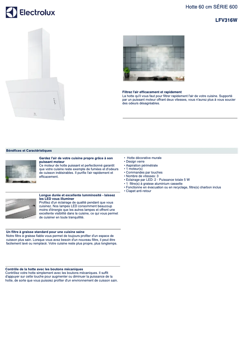 Page 1 de la notice Fiche technique Electrolux LFV316W