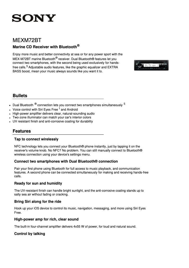 Page 1 de la notice Fiche technique Sony MEX-M72BT
