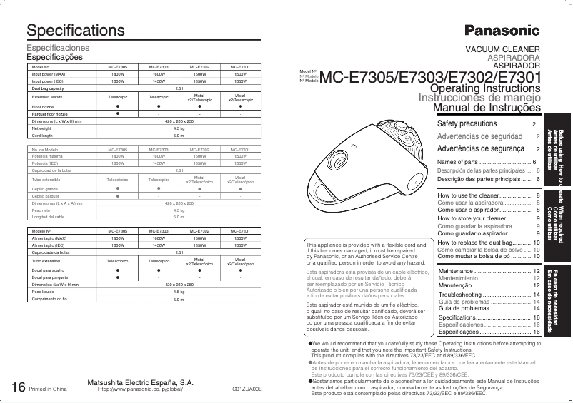 Page 1 de la notice Manuel utilisateur Panasonic MC-E7301