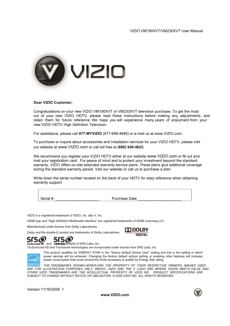 Page 1 de la notice Manuel utilisateur VIZIO VM230XVT