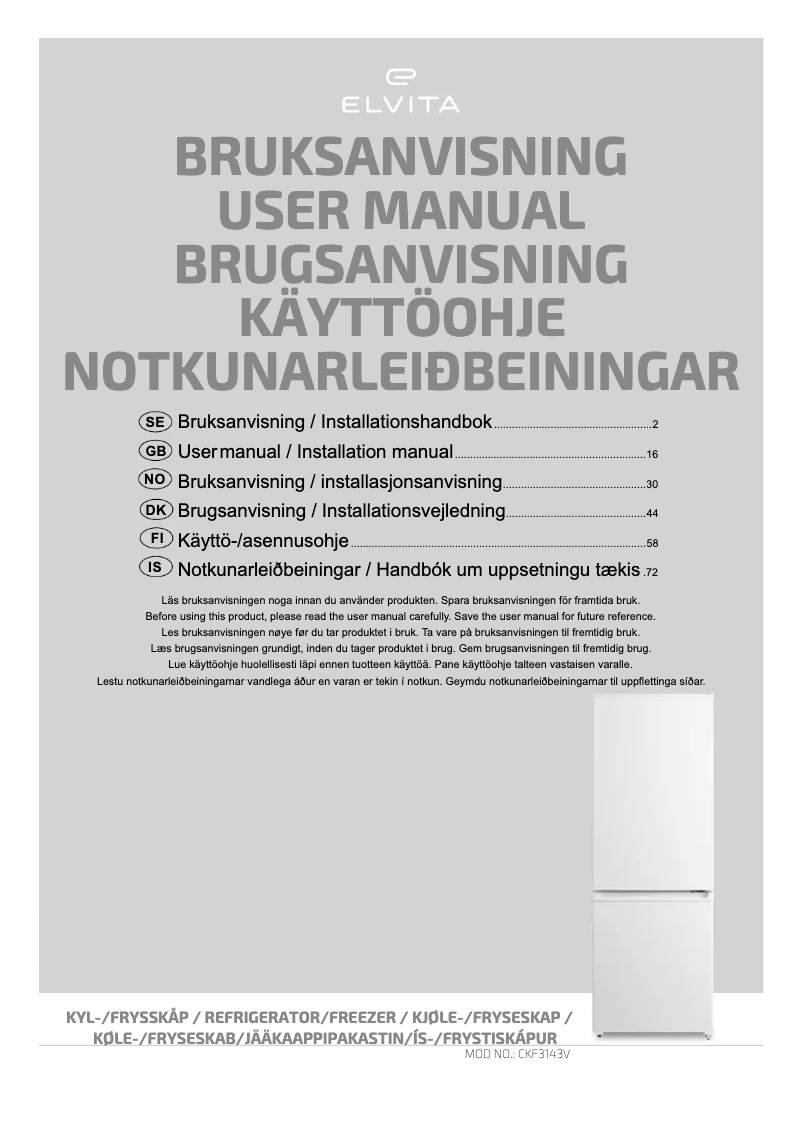 Page 1 de la notice Manuel utilisateur Elvita CKF3143V