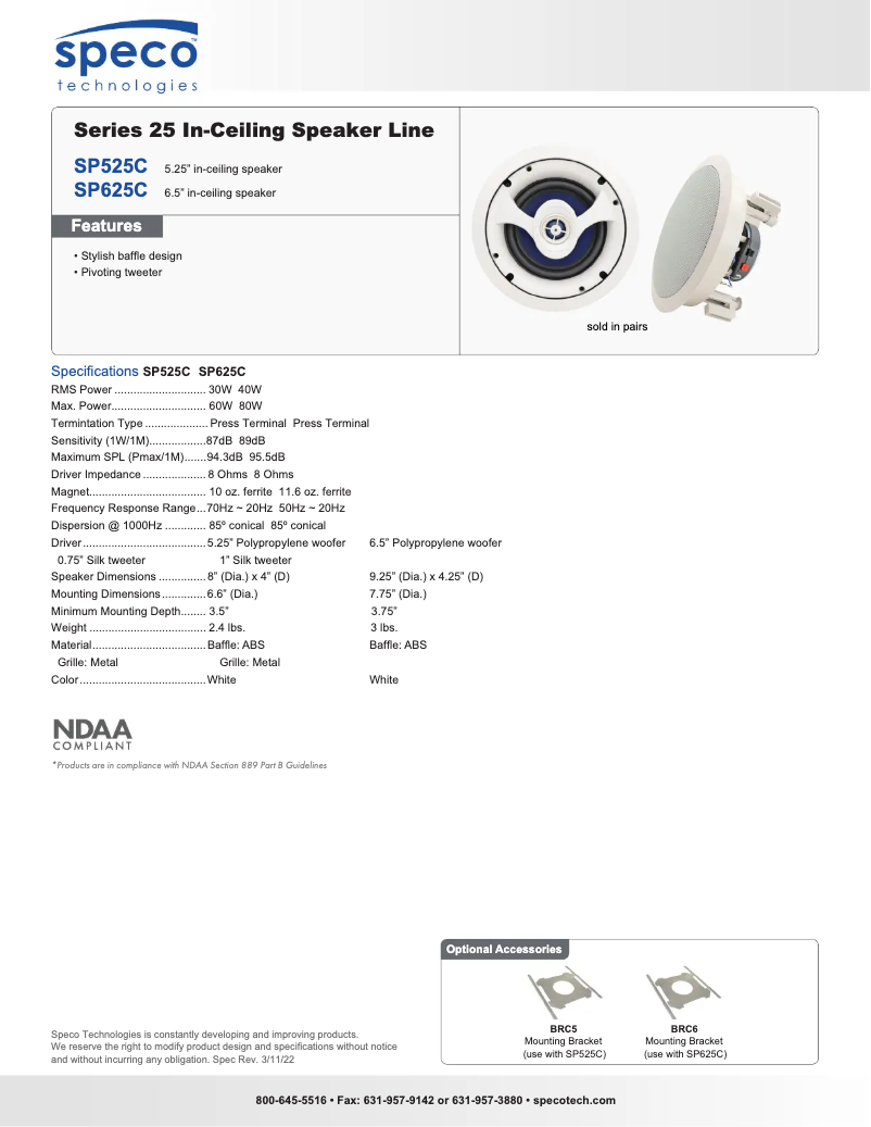 Page 1 de la notice Fiche technique Speco Technologies SP625C