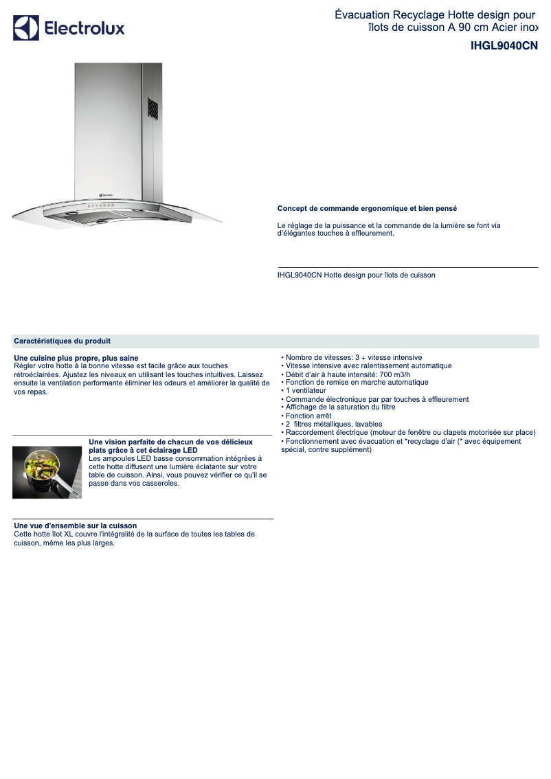 Page 1 de la notice Fiche technique Electrolux IHGL9040CN