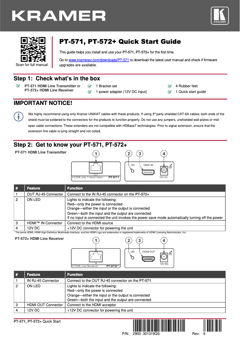 Page n°1 - Guide de démarrage rapide Kramer PT-572+