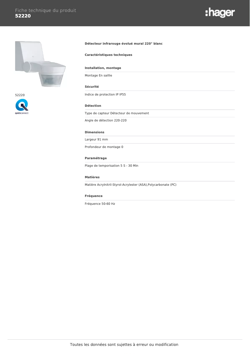 Page 1 de la notice Fiche technique Hager 52220